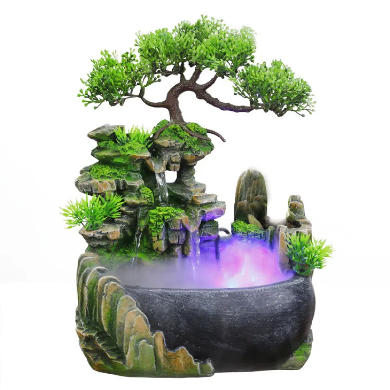 Bonsai rockery decorative Simulation Tree Flowing Water Waterfall Fountain desktop ornaments With Color Changing LED Lights