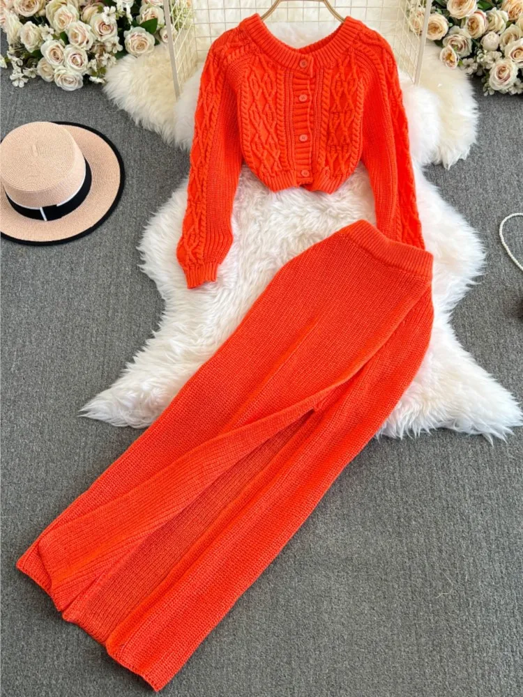 Autumn Women Elegant Casual Knitted Skirt Suit Long Sleeve Short Cardigan Sweater Slim Midi Saya Two Piece Set Female Outfits