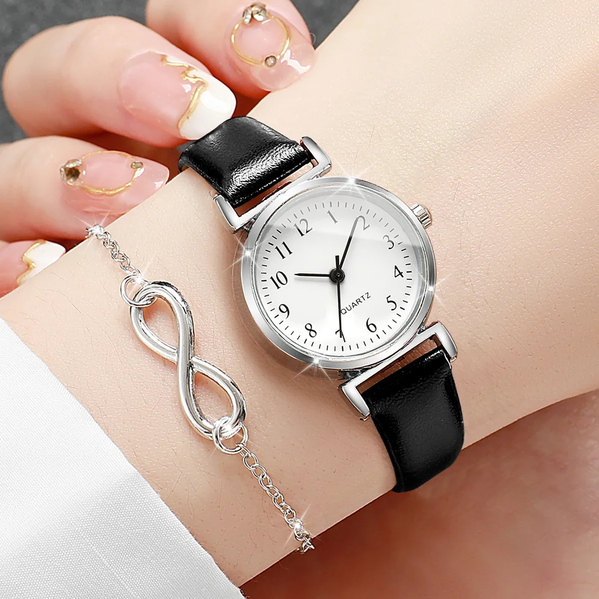 2 шт. модные женские часы с маленьким арабским циферблатом, женские кварцевые наручные часы с кожаным ремешком, набор браслетов Reloj Mujer (без коробки)