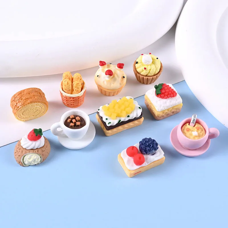 10 Pcs Resin Miniature Food Play Breakfast Bread Cookies Cream Cake Coffee Handmade Diy Accessories Doll House Decoration