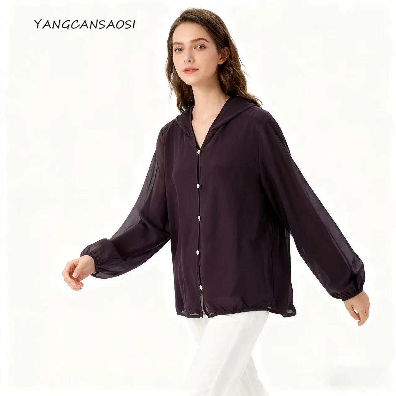Women's casual clothing Coffee Purple 100% Natural Mulberry Silk Georgette Hooded T-shirt Beach Long Sleeved Sunscreen Clothing