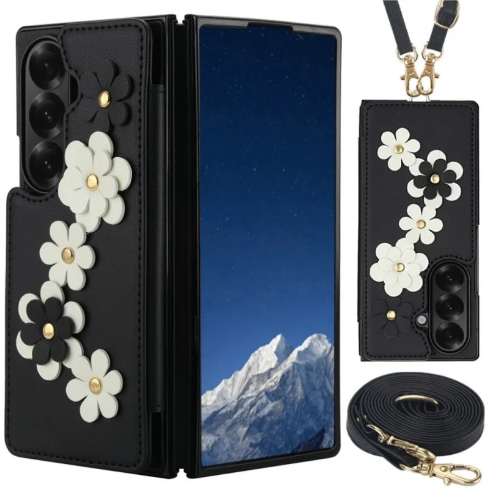 Чехол-кошелек для телефона Samsung Galaxy Z Fold 7, 6, 5, 4, чехол с карманом для карт из искусственной кожи и шейным ремешком, ремешок на запястье в стиле ретро с личи