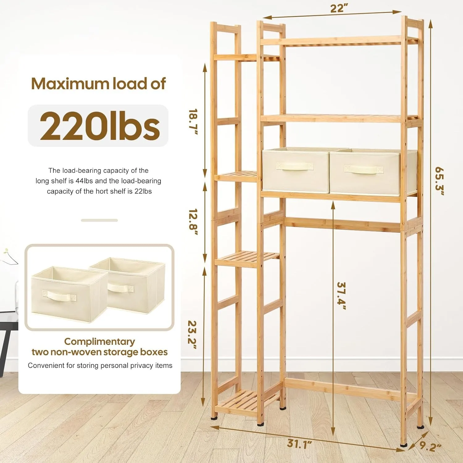 Over The Toilet Storage with Basket & Drawer, Bamboo Bathroom Organizer w/ Adjustable Shelf & Waterproof Feet Pad,Natural