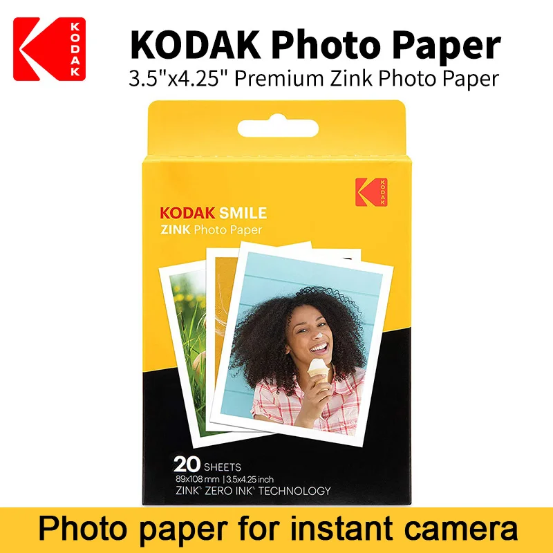 Original Kodak Zink Print Photo Paper 3.5x4.25 Inch 20 Sheets Compatible With Kodak Smile Classic Instant Camera Sticky-backed