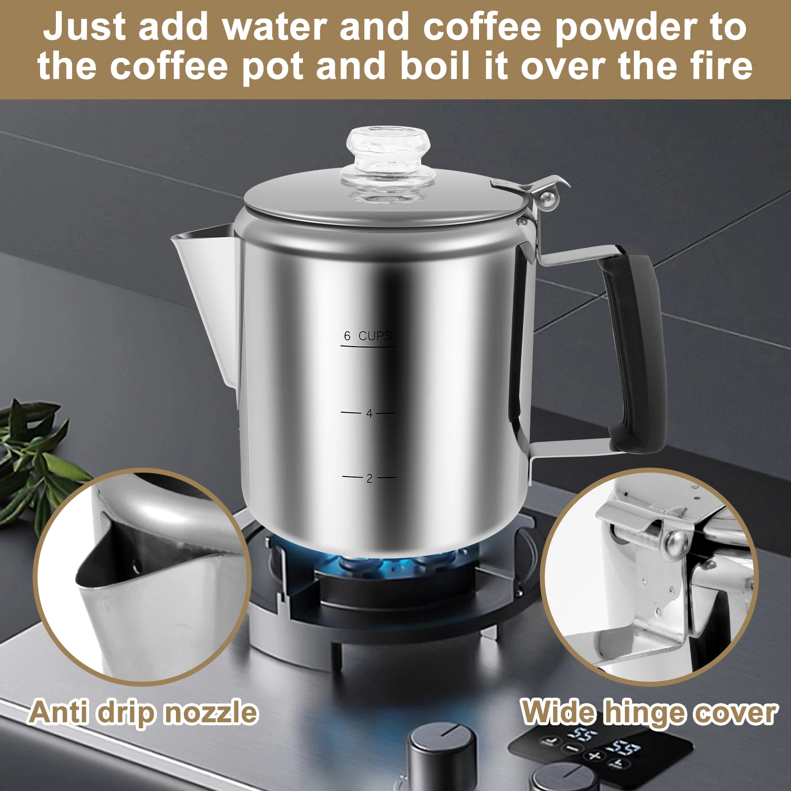 Multi Use Percolator Coffee Pot Stainless Steel Stove Top Coffee Maker with Two Tough Borosilicate Glass Knob Silica Handle Camping Coffee Pot Using