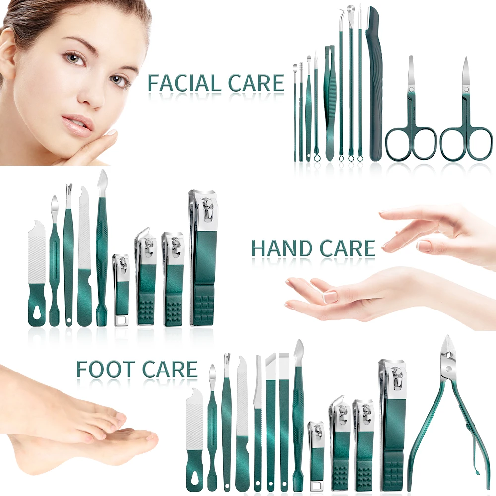 Verde 7/13/24 pçs cortador de unhas de aço inoxidável e tesoura de pedicure conjunto-portátil manicure e pedicure ferramenta cortador de unhas conjunto