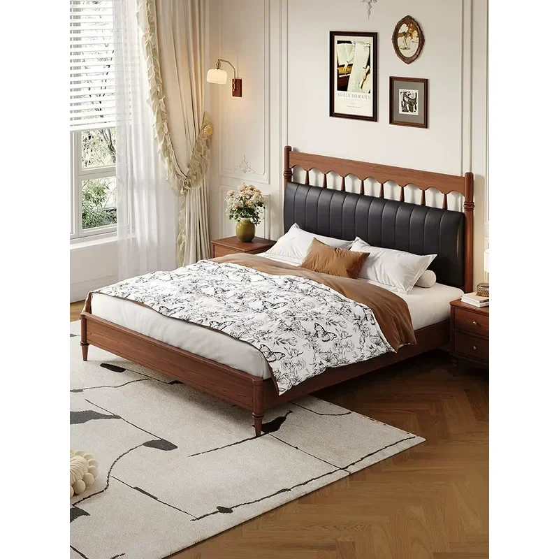 Full Solid Wood Bed Retro First Layer Leather Soft Upholstered Antique Style Master Bedroom Double Bed 1.8m Single Bed 1.5m
