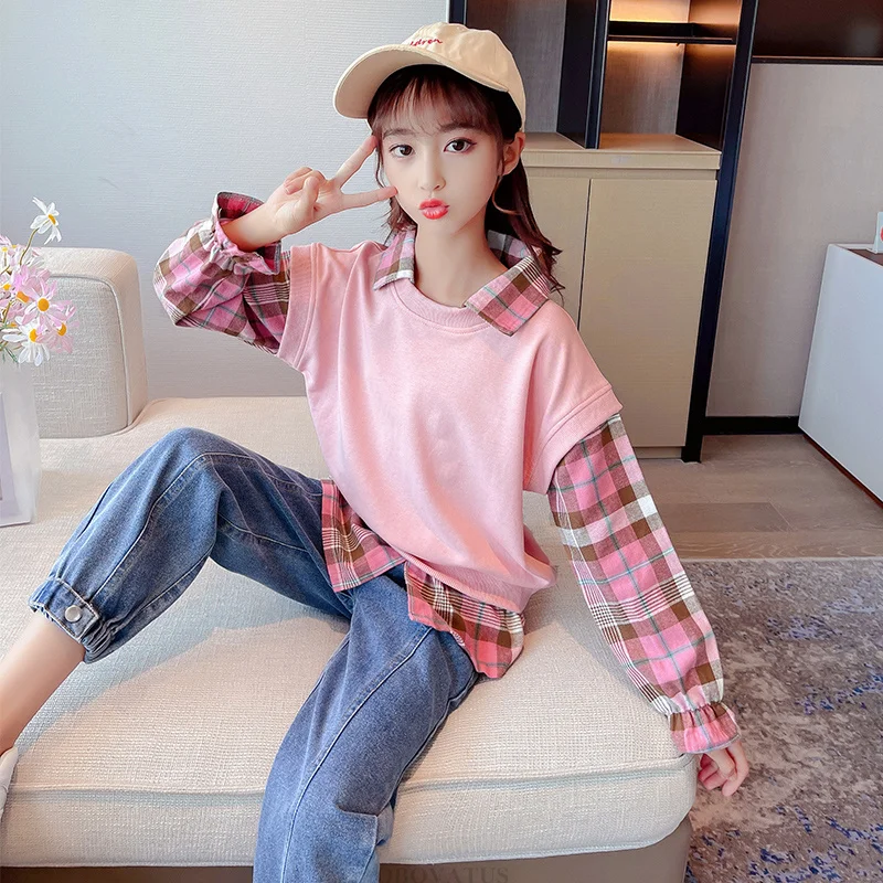 Spring Kids Plaid Long Sleeve Fake 2 Pieces Sweatshirt For Girl Turn Down Collar Tops Child Blouse Style Sweatshirt for Teenager