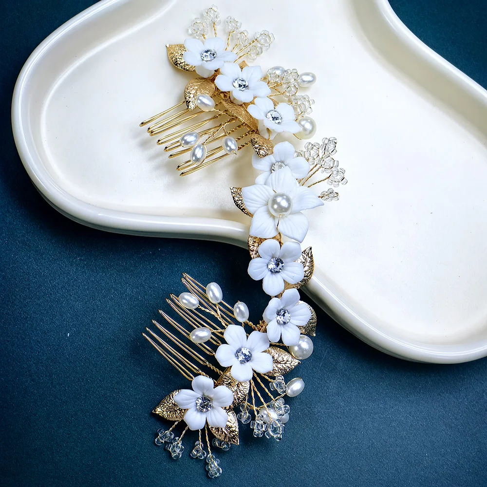 Ceramic Flower Bridal Hair Comb Pearl Wedding Hair Ornament Crystal Wedding Tiara Bridal and Bridesmaid Rhinestone Hair Ornament