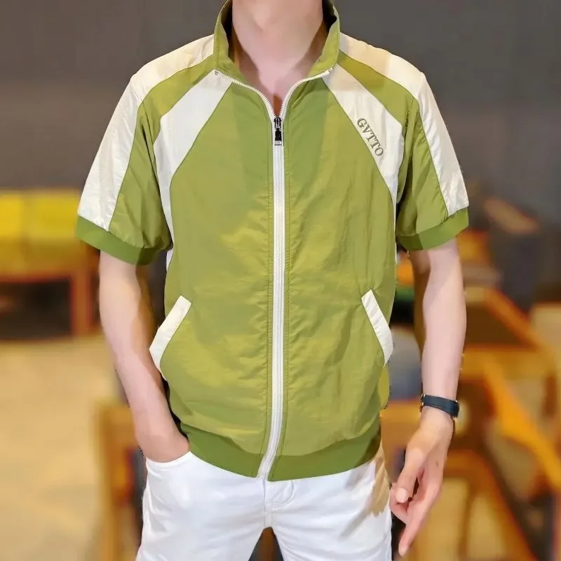 Men's Short Sleeve Zipper Jacket Lightweight Casual Spliced Design Green and White Color Summer Outerwear