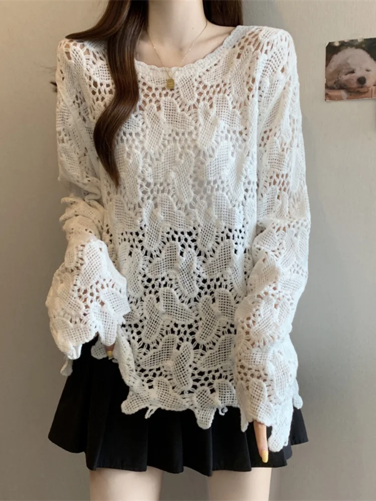 

SMTHMA Boho шикарный вязаный крючком топ с длинными рукавами ажурный кружевной вязаный легкий свитер пуловеры женский летний пляжный наряд