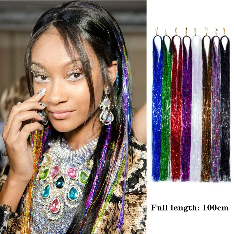 Tinsel Sparkle Synthetic Hair Extension 120 Strands 100cm Holographic Glitter Colorful Laser Silk Rainbow for Girls and Party