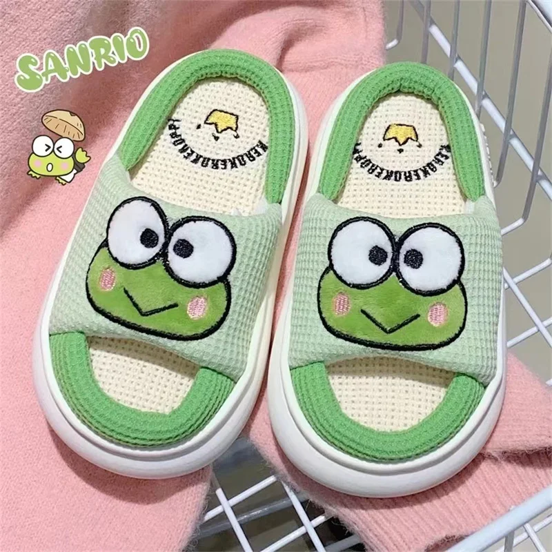 Sanrios Anime Kero Kero Keroppi Flax Slippers Summer Non-Slip Home Bath Slippers Beach EVA Flat Shoes Parent Child Slippers