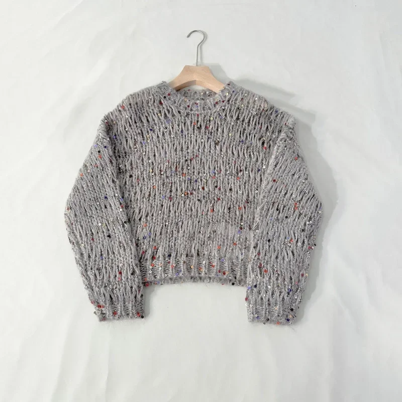 Autumn New Style Mohair Blended Sweater Women'S Round Neck Hollow Colorful Sequin Pullover Knitted Sweater Top