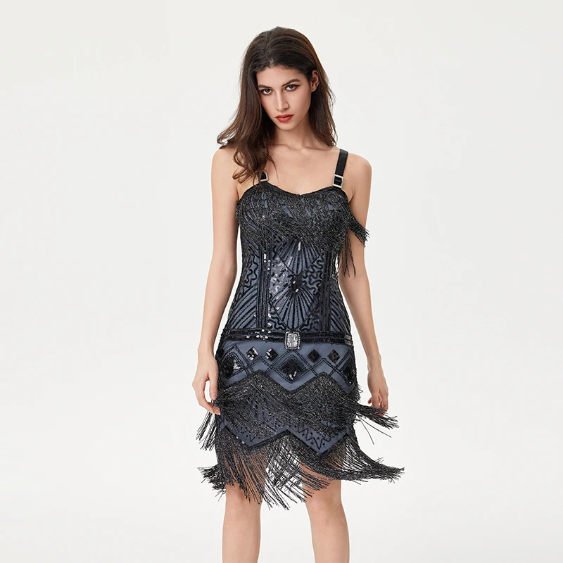 

Womens 1920s Sparkly Sexy Sequin Fringe Spaghetti Straps Vintage Evening Party Dress Summer Elegant Sexy Camisole Tassel Dance