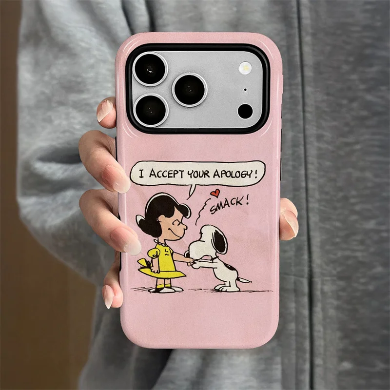 Aesthetic Comic Snoopy Phone Case for iPhone 11 12 13 14 15 16 17 Pro Max Plus Pink Glossy Black Camera Bezel Shockproof Cover