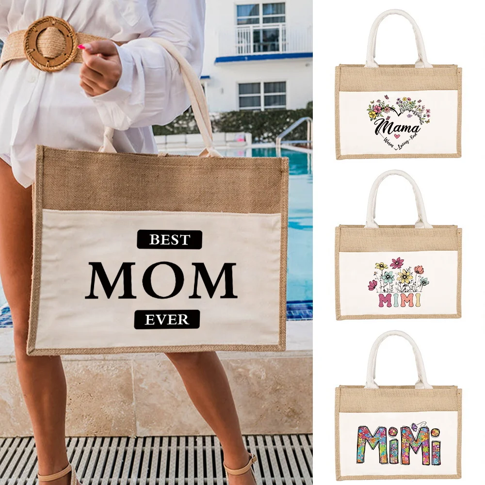 

Tote Bag Jute Portable Shoulder Bag Shopping Bags Mom Series Lightweight Beach Handbags ECO Linen Grocery Storage Bags