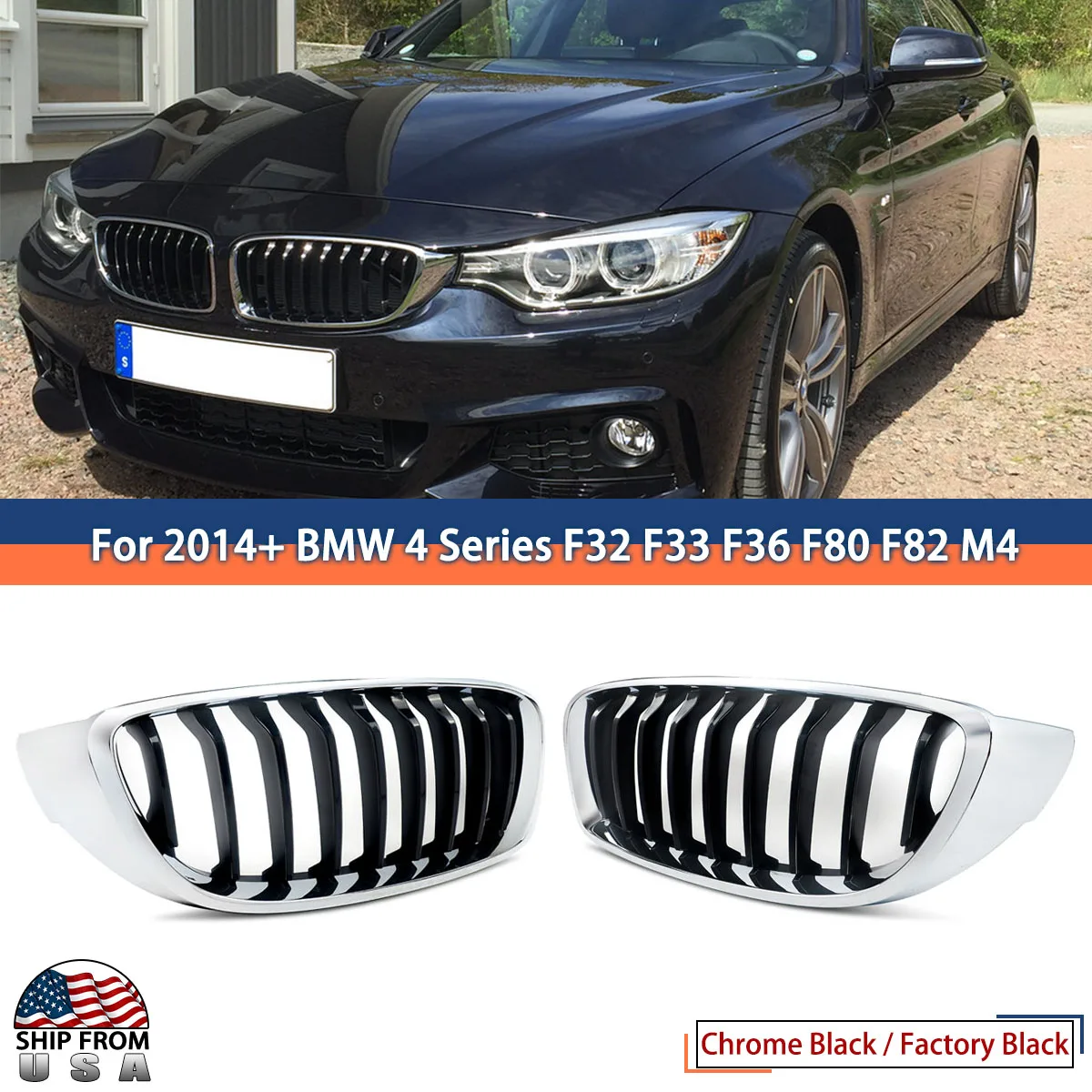 For 2014+ BMW F32 F33 F36 F80 M4 435i 440i Chrome Black Right Side Front Grille