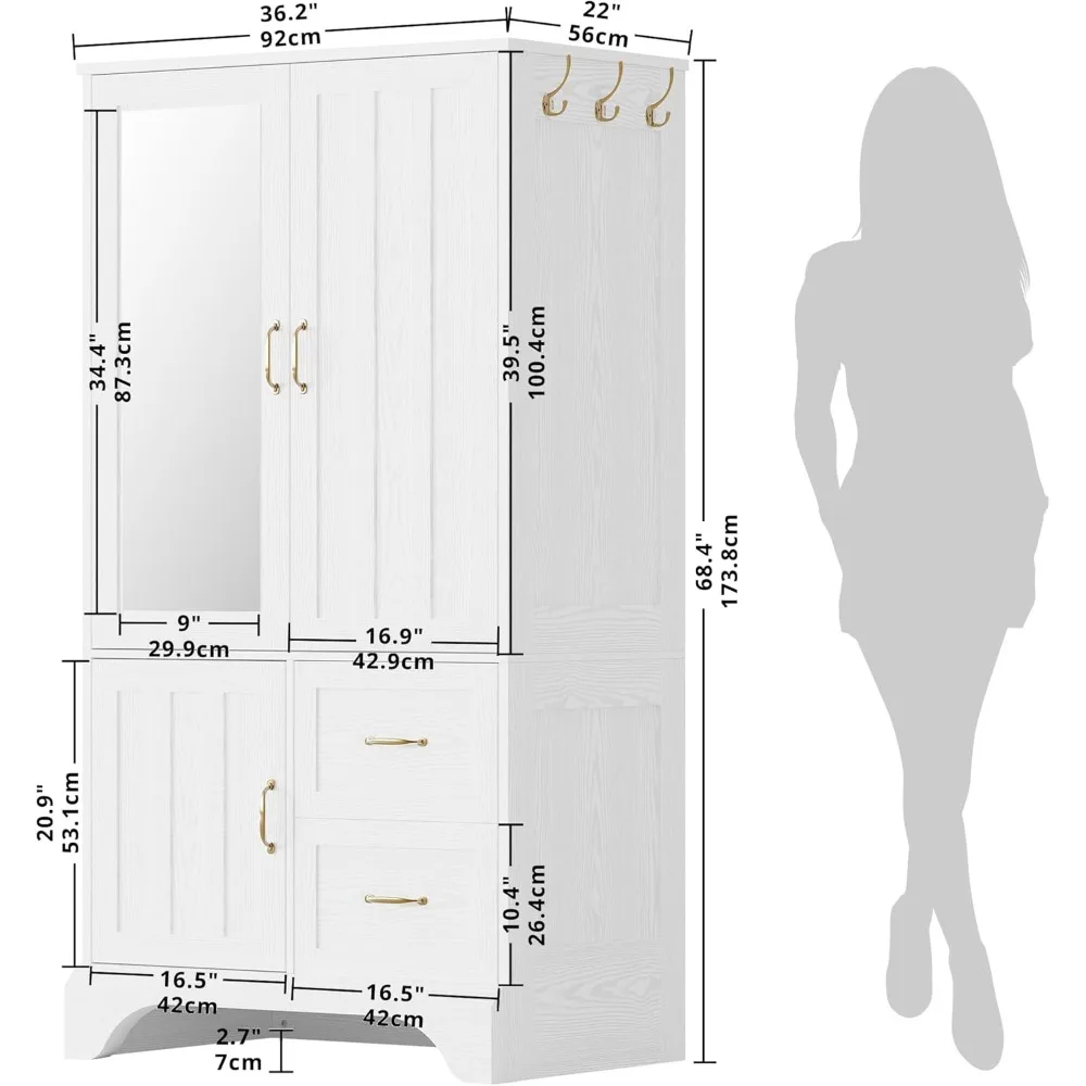 Drewniana szafa z lustrem, drzwiami, szufladami i półkami do przechowywania w sypialni