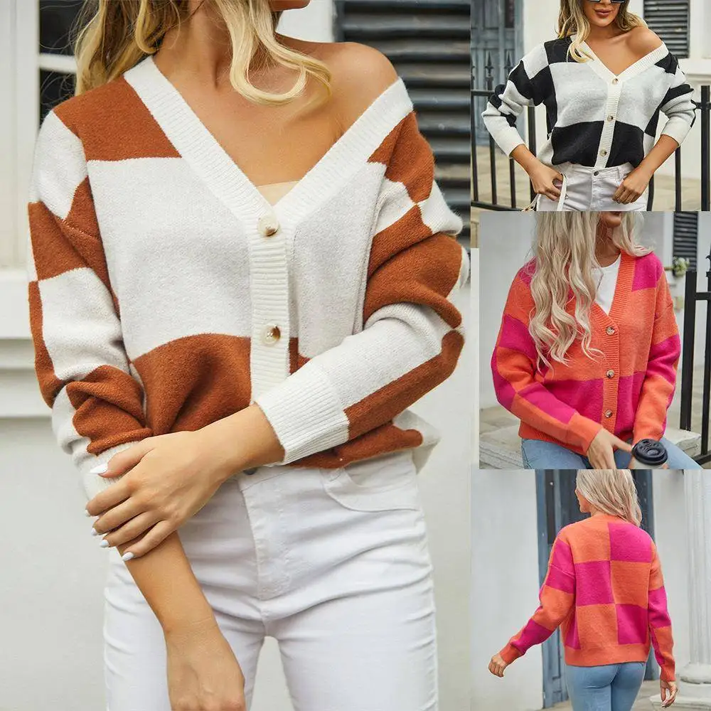 Spring 2023 Women's Knitted Cardigan Sweater Plaid Patchwork Long Sve Outerwear Cross-Border Faion Ladies' Premium Knitwear