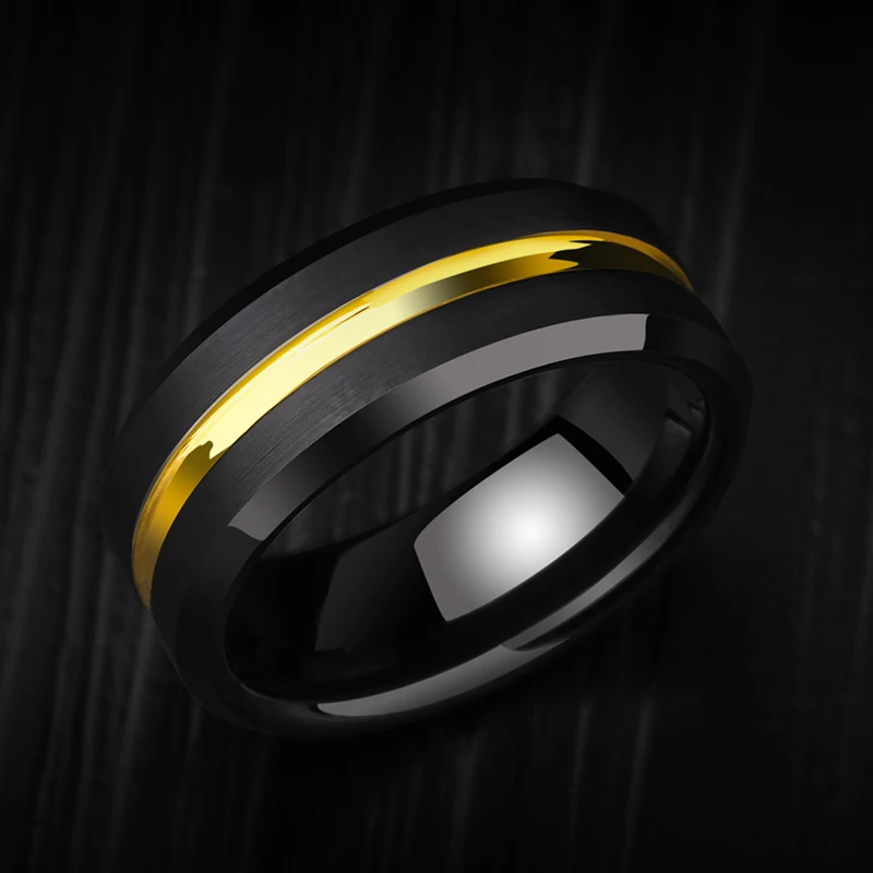 8mm Width Black Rings for Men Tungsten Carbide Band Black/Gold Plating Groove Surface Design Size 7-13 Free Engraving