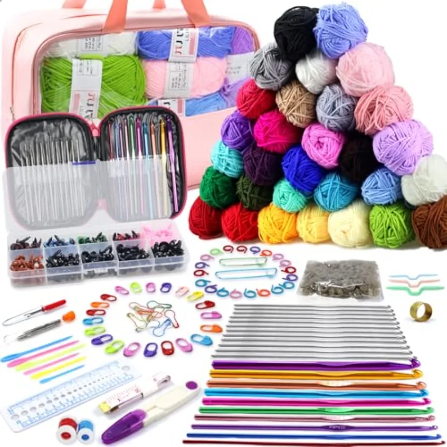 

Crochet Kit for Beginners 336Pcs Crochet Kits with 1500 Yards 30 Colors Yarn for Crocheting 100Pcs Safety Eyes and Noses knitti
