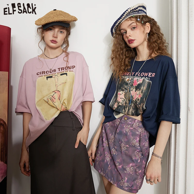 

ELFSACK Vintage Printed Cotton T-Shirts Women 2023 Spring Short Sleeve Basic Daily Tops