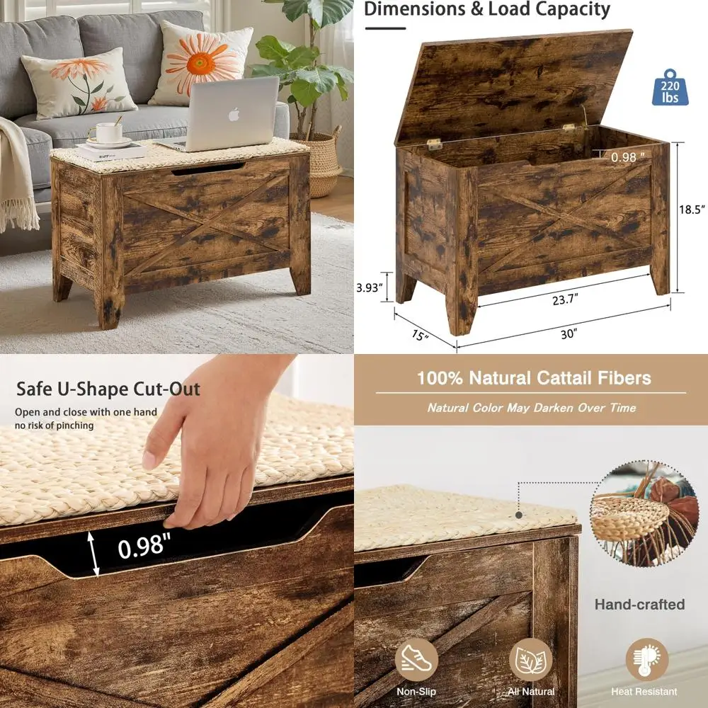 

30 inch farmhouse entryway bench with woven cushion and metal hinges for shoe storage