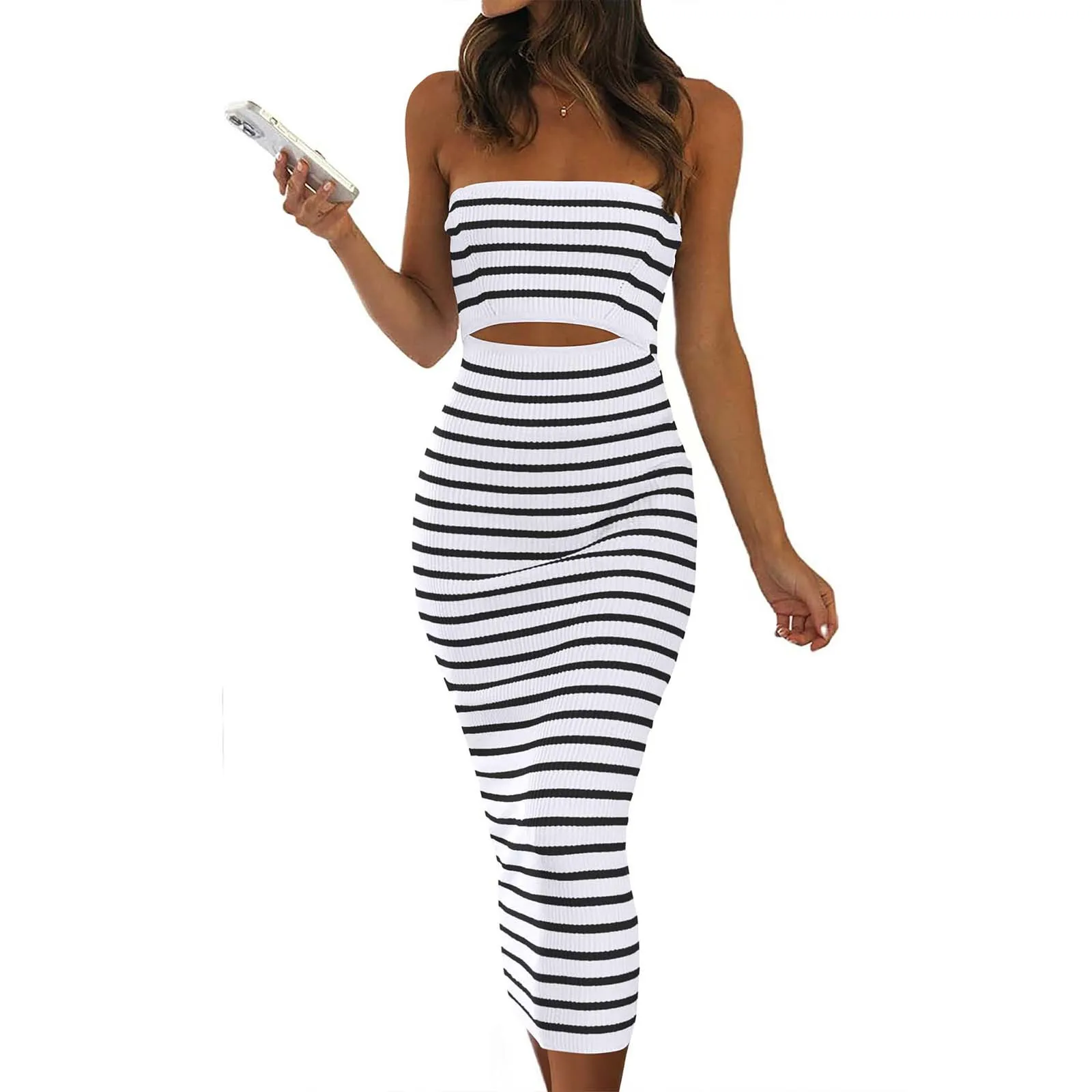 

Summer Women'S Dress Sleeveless Chest Wrapped Slim Long Dress Black White Stripe Hollow Out Dress Daily Casual Vacation Dress