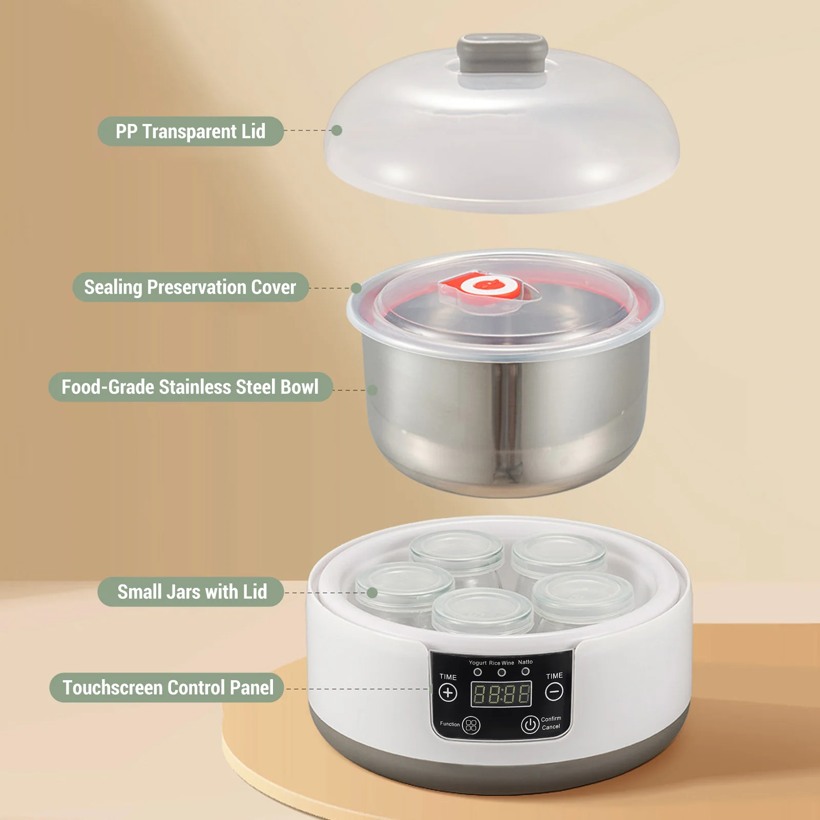 Electric 1.2L Yogurt Maker Machine Stainless Steel Liner Homemade Natto Incubator with Jars for Small Home Use
