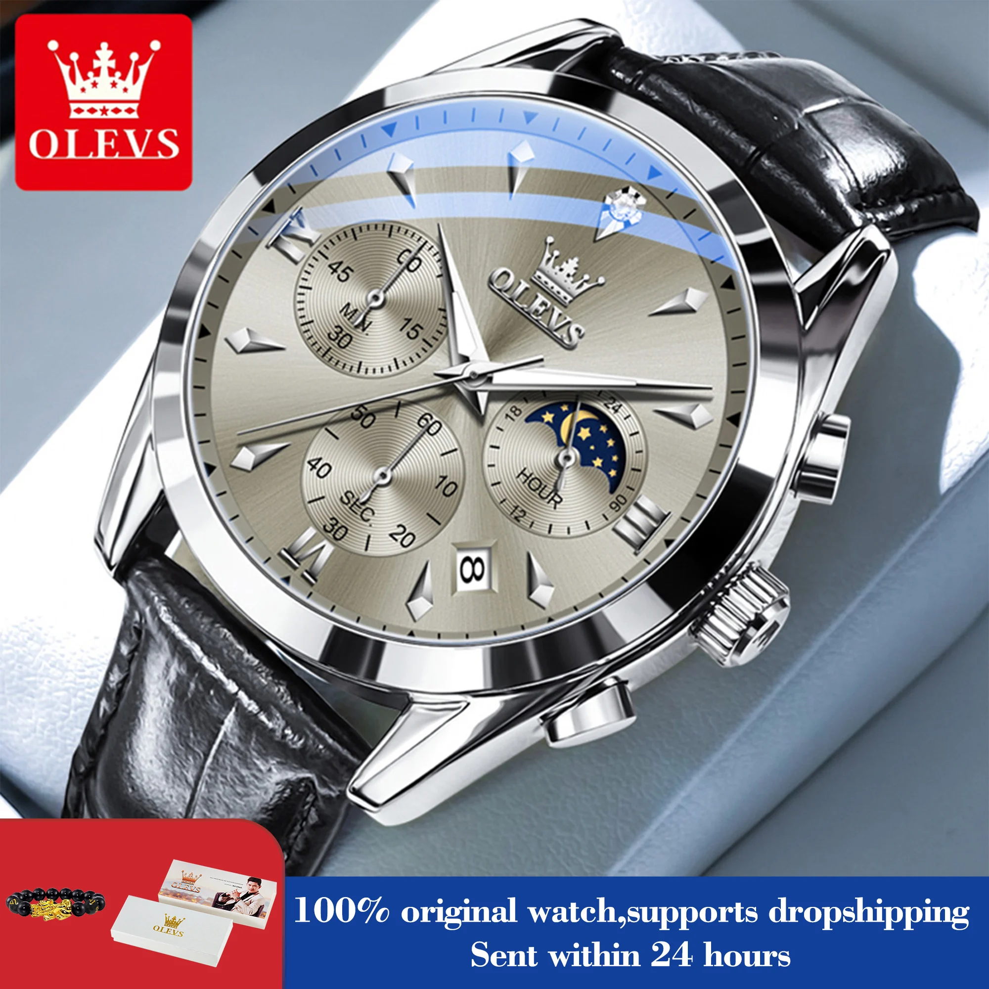 

Часы OLEVS 3609, мужские модные часы с календарем, водонепроницаемые светящиеся мужские часы с хронографом и фазой Луны, кварцевые часы для деловых людей