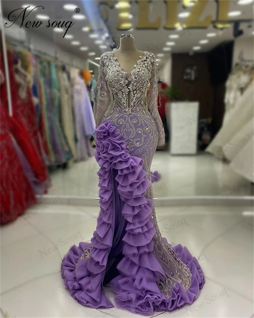 Ruffles Split Side Evening Dresses Long Sleeves Special Occasion Dress Dubai Coutures Beading Crystals Cocktail Party Dress Gown