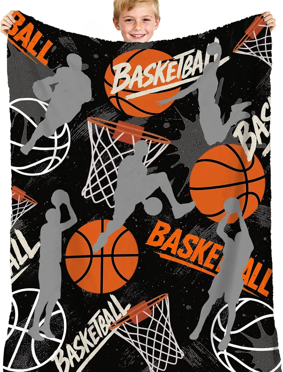 Black Graffiti Basketball Player Silhouette Hoop Word Flannel Throw Blanket Soft Warm Cover Sofa Bed Sports Teen Boys Bedroom