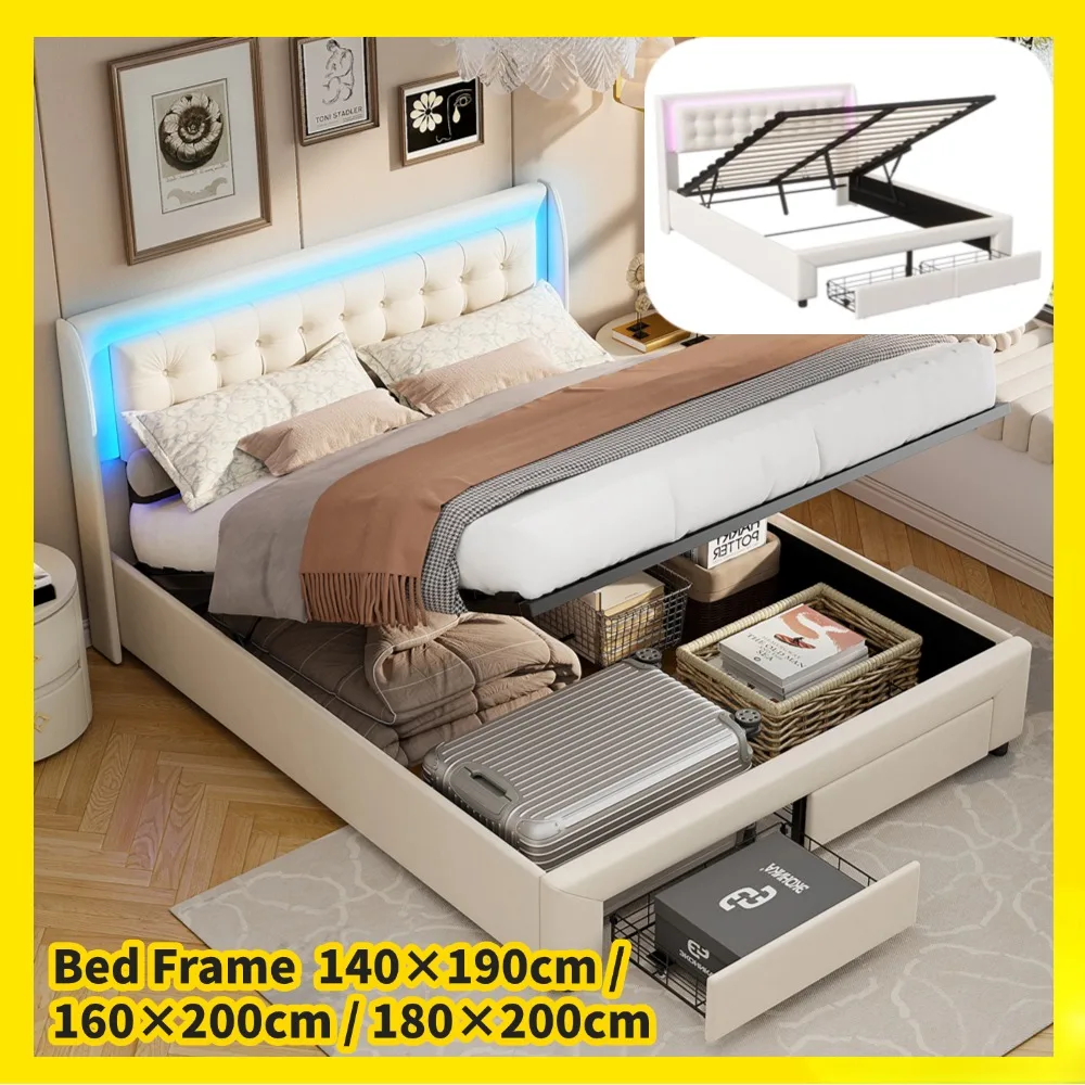 140×190cm/160×200cm Double Bed Frame Queen,Beige Velvet Bedframe,Hydraulic bed with Light,with 2 Drawer,Bedroom Furniture