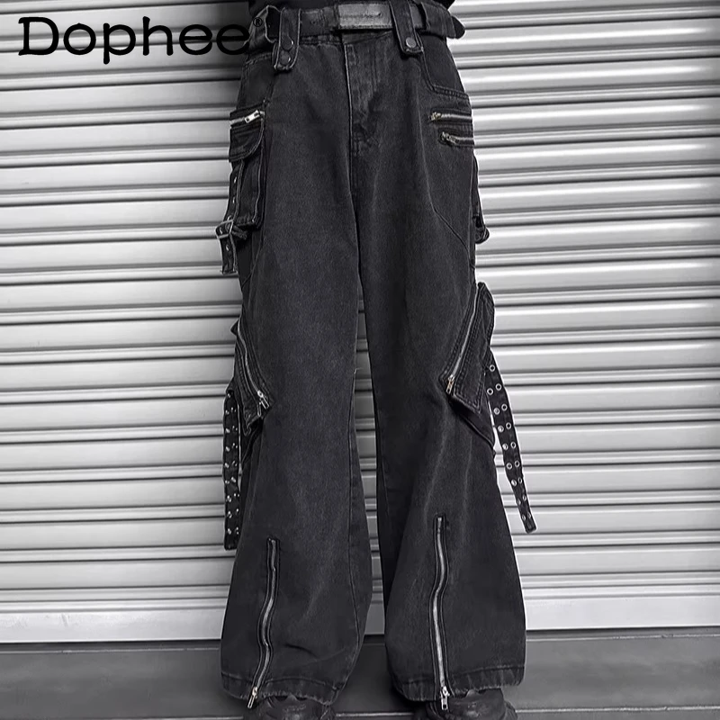 

Men's Zipper Decoration Jeans 2026 Spring New Loose Comfort Denim Long Pants Male Chic Straight Multi-Pocket Wide-Leg Trousers