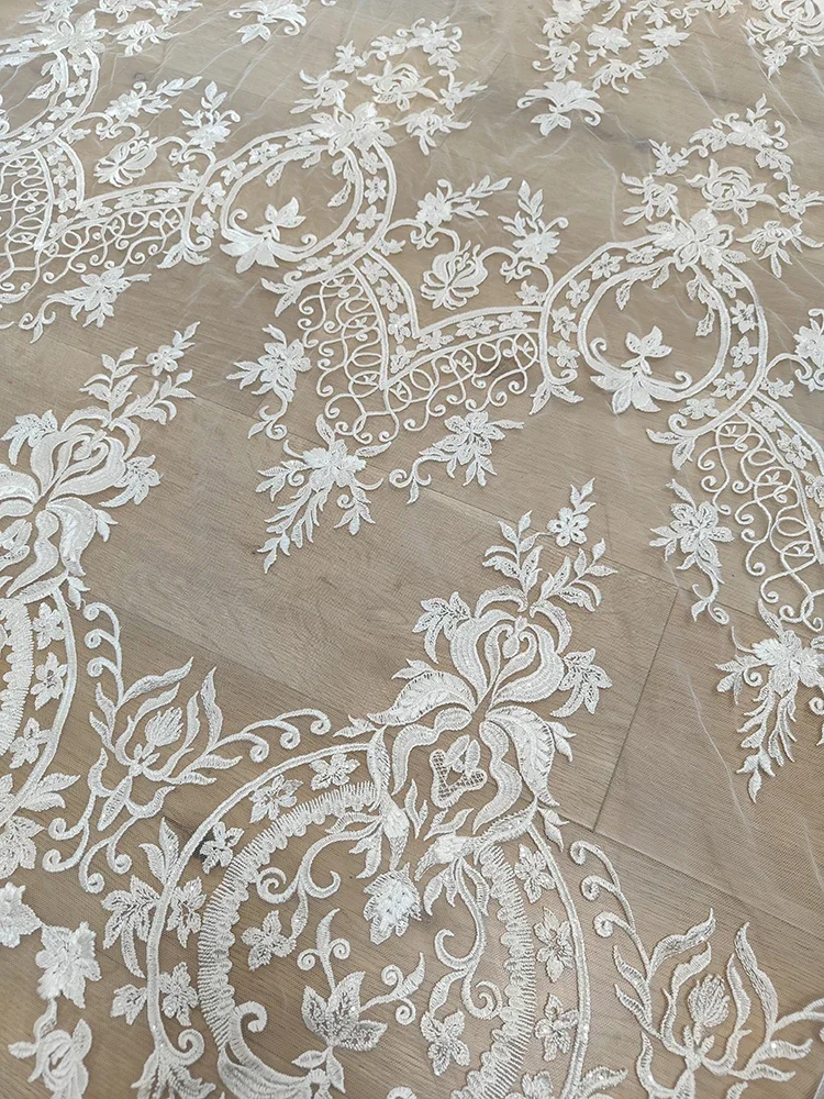 White Embroidered Mesh Wedding Dress Handmade DIY High-end Fashion Clothing Accessories Lace Fabric