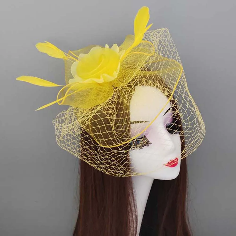 Tocado de malla de plumas Vintage, sombrero con lazo, velo elegante, tocado, exquisita diadema para novia, fiesta de cóctel