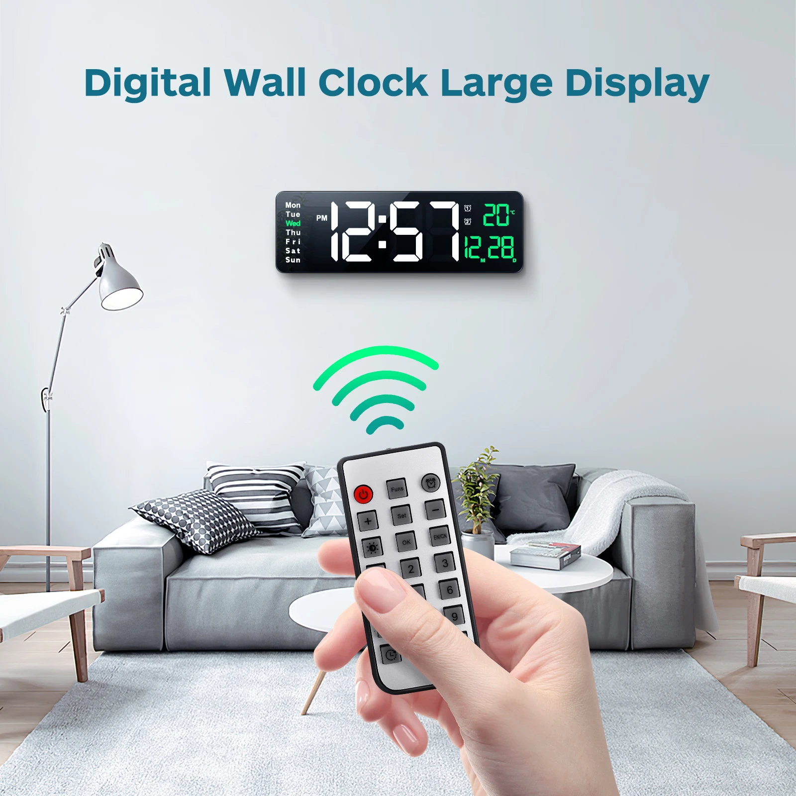 

1pc Large Screen 16 Inch Green LED Display Calendar Remote Control Brightness Modern Digital Wall Clock Adjustable Wall Clock