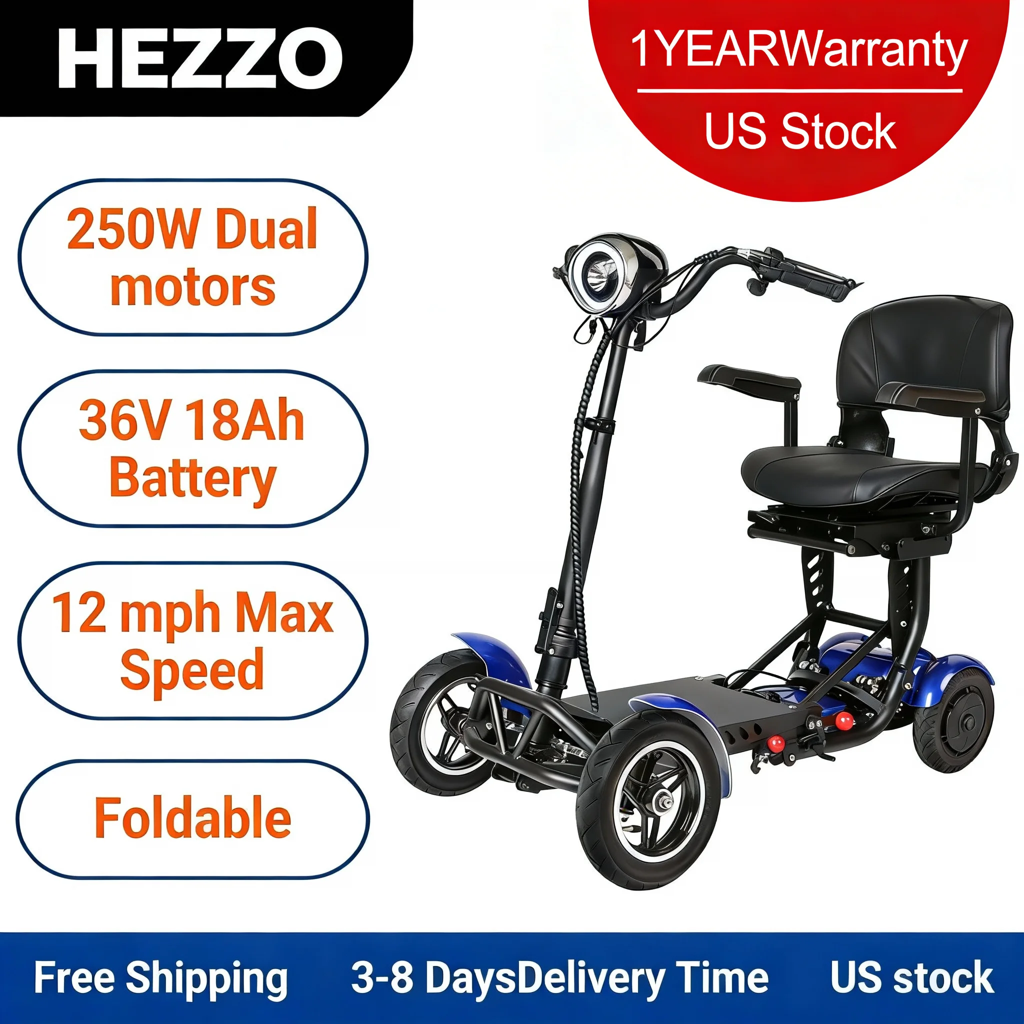 

HEZZO T2 Foldable Mobility Scooter Indoor Outdoor 36V 250W*2 12mph 15-25Miles 330LBS US Stock Free Shipping