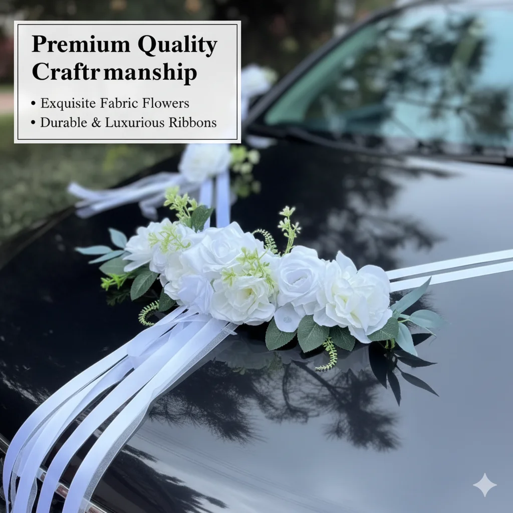 

Wedding Car Decoration Set White Rose Hydrangea Ribbon Kit With Side Mirror Flowers Easy Install Reusable Wedding Supplies
