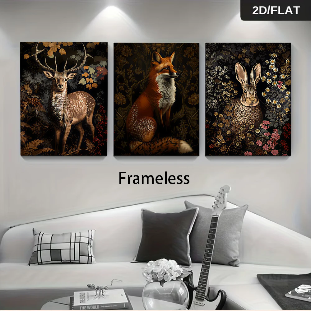 1 set of forest animal triptych frameless decorative paintings, deer, fox, rabbit, natural scenery hanging paintings, 2D plan
