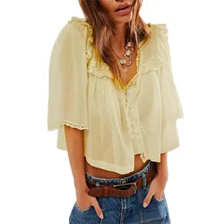 Women Ruffles Lace Shirts 2024 New Fashion Loose Casual Tops Streetwear Buttons Short Sleeve Blouses For Summer Ropa De Mujer