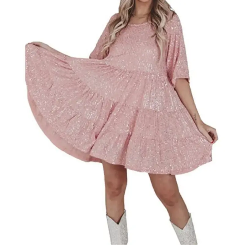 2023 spring and summer new fashion European and American foreign trade sequined dress half-sleeved crew neck ruffled loose dress