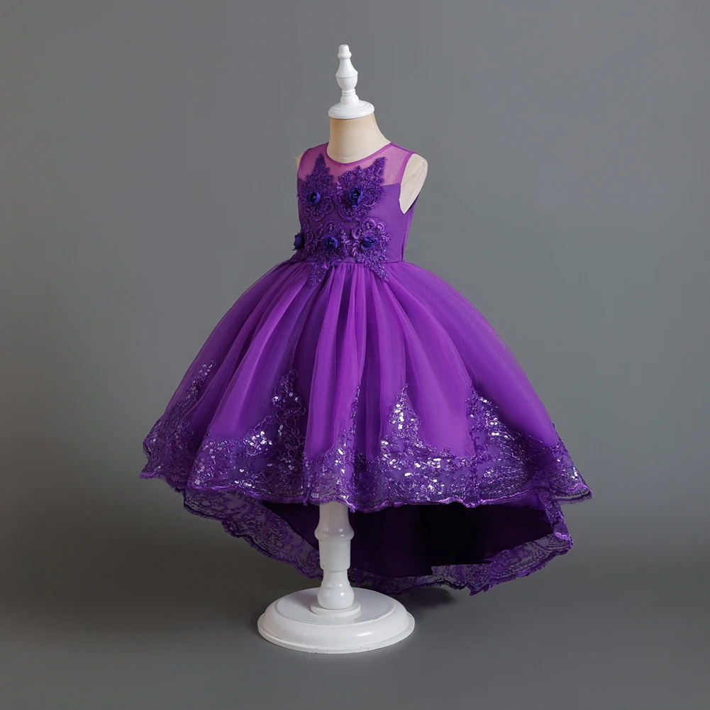 Purple Pink Autumn Elegant Kids Dress Princess Dress  Bridesmaid Wedding Dress Fluffy Dress Lace Trail Embroidered ChildWear