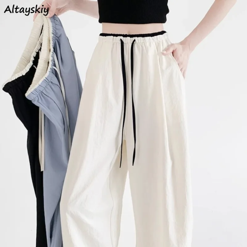 

Panelled Pants for Women Ins College Drawstring Full Length Spring Summer Casual Thin Niche Straight New Korean Style High Waist