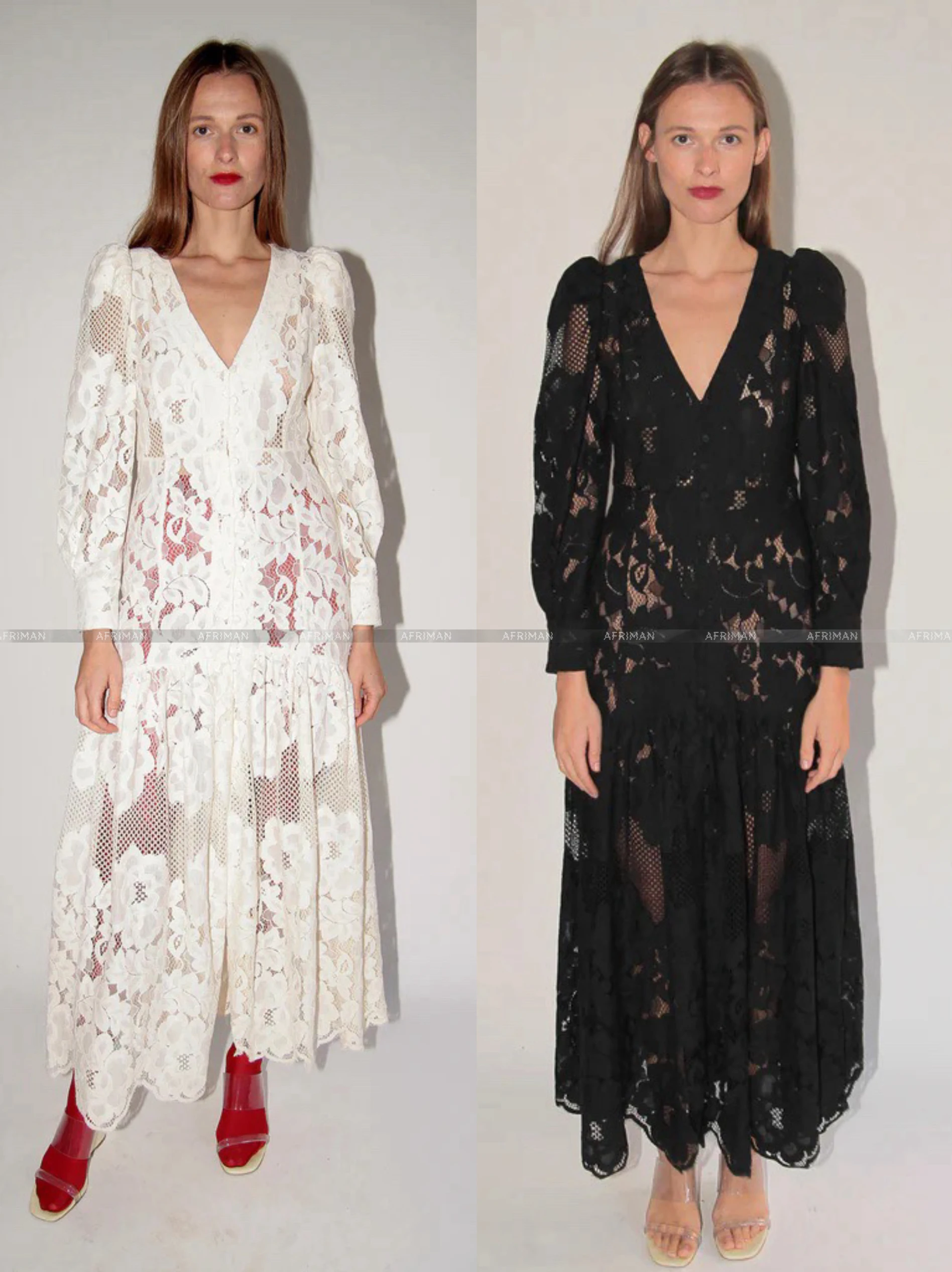 2025 New Hollow Out Lace Embroidery V Neck Long Sleeve Sexy Perspective Long Dress with Camisole Lining