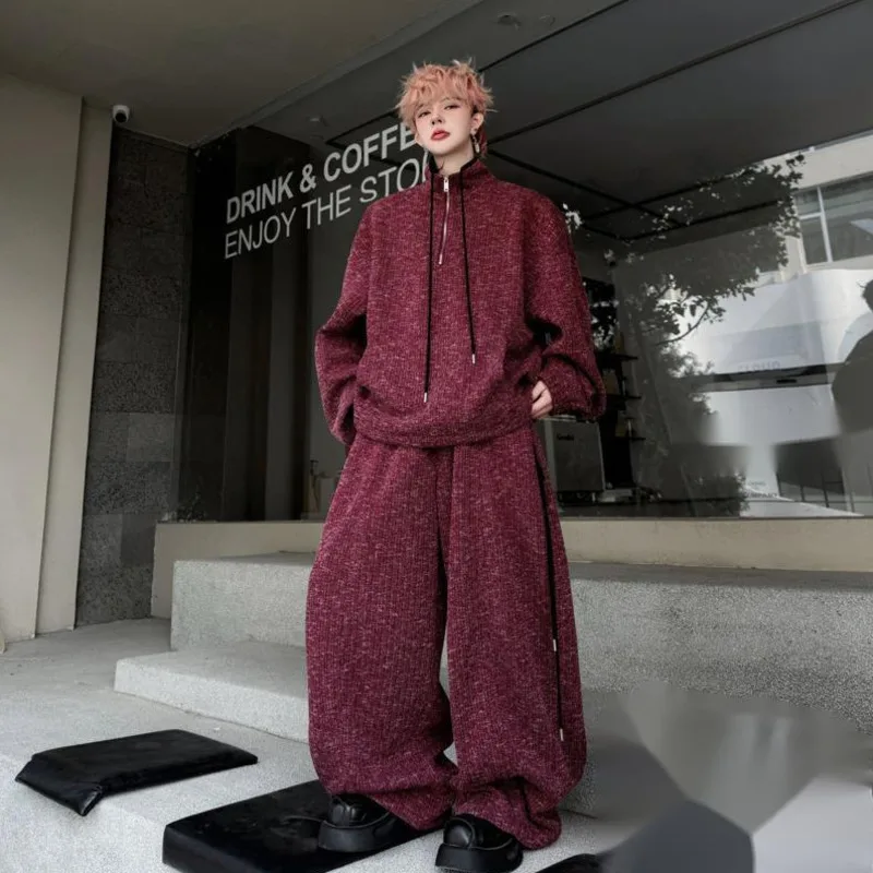 WVGA Spring New Men Tide Stand Collar Color Block Ribbon Trendy Pullover Sweatshirts Niche Chic Casual Wide-Leg Pants Set W18597