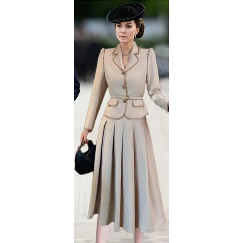 Designer Kate Set 2023 High Quality Spring Autumn Women Suits Long Sleeves Coat +Pleated Skirt Two-piece Clothing Sets NP1889C