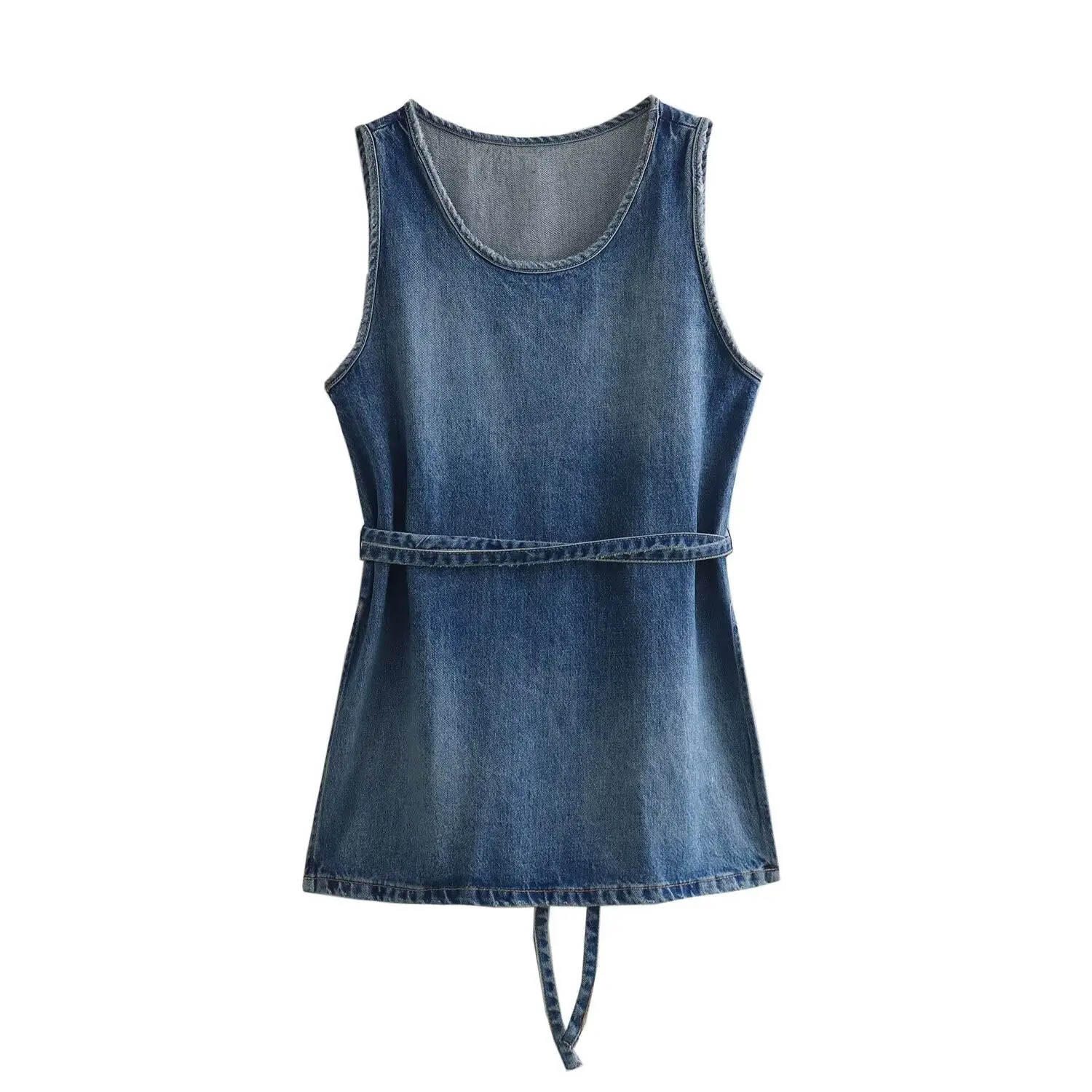 Tangada 2024 Women Blue Denim Tanks Tops With Slash Sleeveless Blouse Shirt 6X0208