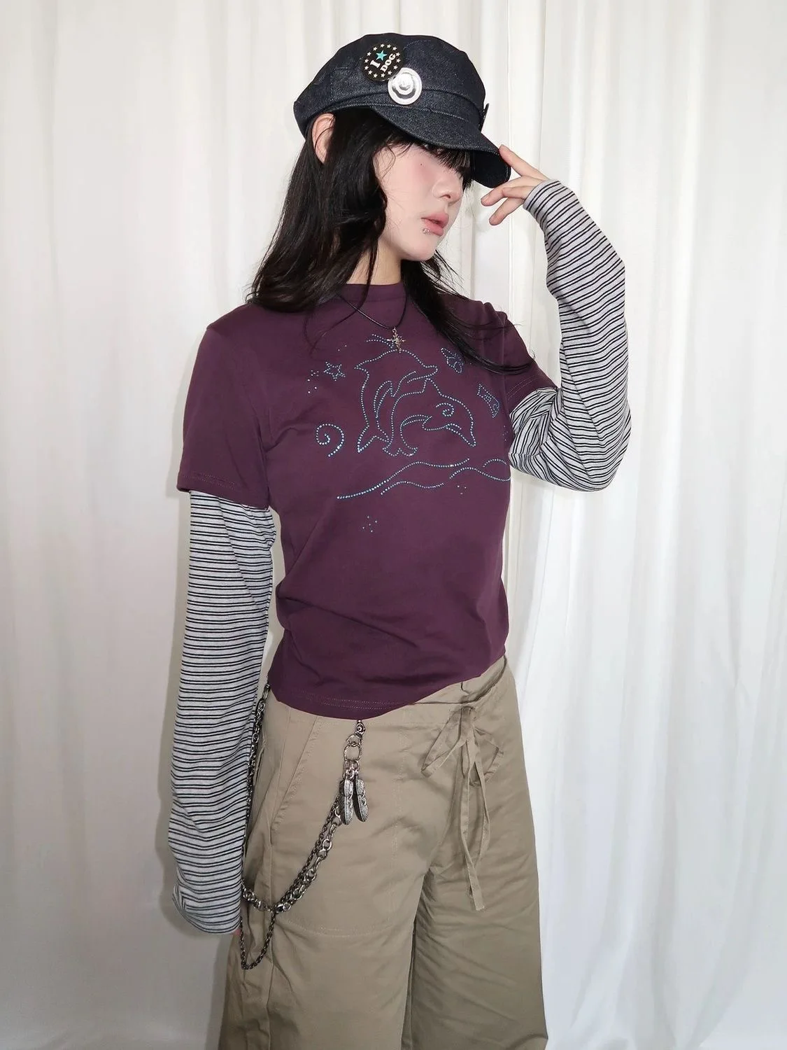 

Vintage Rhinestone Long Sleeve T-shirt Y2k Women's Top Fashion Fake Two-piece T-shirt 2025 Autumn New Long Sleeve Tops